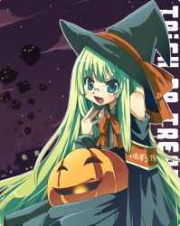 Rule 34 | 1girl, glasses, green hair, halloween, jack-o&#039;-lantern, kaisanbutsu, pumpkin, purple background, solo, trick or treat, witch
