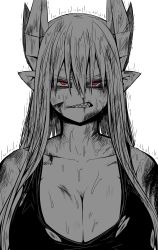 Rule 34 | 1girl, anger vein, angry, blood, breasts, bruise, cleavage, clenched teeth, commentary request, demon girl, eyes visible through hair, hair between eyes, highres, horns, huge breasts, injury, limited palette, long hair, looking at viewer, lorem (mazohaha), musuko ga kawaikute shikatanai mazoku no hahaoya, pointy ears, red eyes, sharp teeth, simple background, slit pupils, solo, spot color, teeth, upper body, white background, zyugoya