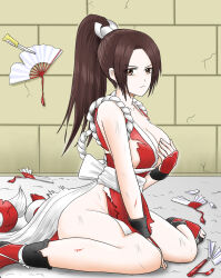 Rule 34 | 1girl, blood, breasts, brown eyes, brown hair, cleavage, fatal fury, from side, hand fan, hand on own chest, harukai (sanhon), highres, large breasts, long hair, ninja, ponytail, shiranui mai, sideboob, sitting, the king of fighters, wounds