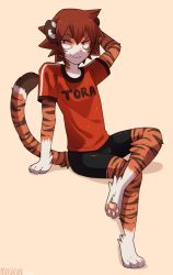 Rule 34 | 1boy, animal ears, animal hands, arm behind head, arm up, artist name, barefoot, beige background, bike shorts, blush, brown hair, closed mouth, clothes writing, crossed legs, dated, fang, full body, furry, furry male, happy, hatomura miri, highres, jpeg artifacts, light blush, looking to the side, male focus, naruko shoukichi, pawpads, red eyes, red shirt, romaji text, shiny clothes, shirt, short hair, short sleeves, signature, simple background, sitting, smile, solo, tail, tiger ears, tiger tail, translated, yowamushi pedal