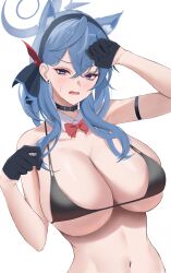 Rule 34 | 1girl, ako (blue archive), animal ear fluff, animal ears, arm strap, arm up, bikini, black bikini, black gloves, black hairband, blue archive, blue eyes, blue hair, bow, bowtie, breasts, cat ears, closed mouth, collar, detached collar, earrings, gloves, hairband, halo, highres, jewelry, kemonomimi mode, large breasts, long hair, looking at viewer, navel, open mouth, red bow, red bowtie, simple background, solo, sp arch, stomach, stud earrings, swimsuit, upper body, v-shaped eyebrows, white background