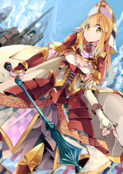 Rule 34 | 1girl, aoi kujira, armor, armored dress, bird, blonde hair, blue sky, breasts, cape, cleavage, cross, day, gauntlets, hat, long hair, looking at viewer, mace, original, shield, sky, solo, weapon, yellow eyes
