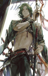 Rule 34 | 1boy, bandages, bare back, belt, closed mouth, earrings, eyes visible through hair, fingernails, green eyes, green hair, haban (haban35), half-closed eyes, highres, holding, holding sheath, holding sword, holding weapon, jewelry, katana, light rays, looking down, male focus, multiple swords, navel, original, scabbard, sheath, sheathed, single earring, solo, standing, sword, turtleneck, unsheathing, weapon