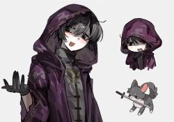 Rule 34 | 1boy, black eyes, black gloves, black hair, chinese commentary, commentary request, dog, fandaniel, feiwusheng, final fantasy, final fantasy xiv, gloves, hand up, highres, hood, hood up, hooded robe, male focus, mouth hold, multiple views, open mouth, purple robe, robe, short hair, simple background, sword, turtleneck, upper body, weapon, white background