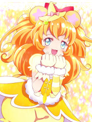 Rule 34 | 1girl, animal ears, arm warmers, bear ears, bloomers, blue eyes, cowboy shot, cure mofurun, hat, kagami chihiro, long hair, magical girl, mahou girls precure!, mini hat, mini witch hat, mofurun (mahou girls precure!), multicolored background, orange hair, personification, precure, skirt, smile, solo, star (symbol), star in eye, symbol in eye, underwear, witch hat, yellow bloomers, yellow hat, yellow skirt, yellow theme