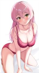 Rule 34 | 1girl, bare legs, bare shoulders, blush, bra, breasts, cleavage, collarbone, hair down, hands on ground, highres, idolmaster, idolmaster cinderella girls, jougasaki mika, lace, lace-trimmed bra, lace-trimmed panties, lace trim, lingerie, long hair, looking at viewer, medium breasts, namidako, panties, pink hair, simple background, solo, thighs, underwear, white background