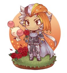 Rule 34 | 1boy, bandana, brown eyes, cape, chibi, chibi only, closed mouth, dissidia final fantasy, final fantasy, final fantasy ii, firion, flower, full body, grey armor, grey cape, grey hair, holding, holding flower, kotorai, looking at flowers, male focus, moogle, no nose, red flower, smile, standing, white background