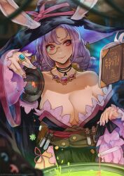 Rule 34 | 1girl, animal ears, book, braid, breasts, cauldron, character request, cleavage, closed mouth, copyright request, ears through headwear, floating, floating book, floating object, glasses, hat, highres, jewelry, large breasts, light smile, long hair, magic, magion02, mole, mole under eye, multicolored nails, nail polish, necklace, purple hair, rabbit ears, red eyes, ring, solo, test tube, twin braids, witch hat