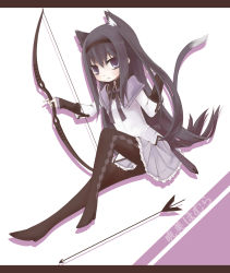 Rule 34 | 10s, 1girl, akemi homura, animal ears, arrow (projectile), black hair, bow (weapon), cat ears, cat girl, cat tail, female focus, full body, hair flip, kemonomimi mode, letterboxed, long hair, magical girl, mahou shoujo madoka magica, mahou shoujo madoka magica (anime), pantyhose, purple eyes, shadow, simple background, sitting, solo, tail, weapon, white background, yamino haruka