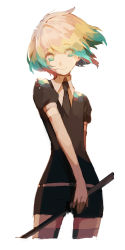 Rule 34 | 10s, 1other, androgynous, aqua hair, blonde hair, diamond (houseki no kuni), elbow gloves, gloves, highres, holding, holding weapon, houseki no kuni, lemontea, light background, looking at viewer, multicolored eyes, multicolored hair, necktie, orange hair, personification, red hair, short hair, shorts, simple background, smile, solo, sword, thighhighs, weapon, white background, white gloves, wind, zettai ryouiki