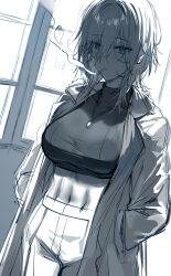 Rule 34 | 1girl, borrowed character, breasts, commentary, eyes visible through hair, greyscale, hands in pockets, hews, highres, jewelry, large breasts, long bangs, looking at viewer, medium hair, midriff, monochrome, navel, original, pendant, sketch, smoking, solo, stomach, yokoyama ishimi