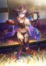 Rule 34 | 1girl, black choker, black thighhighs, blunt bangs, breasts, choker, cleavage, closed mouth, collarbone, cup, day, fate/grand order, fate (series), hair ornament, haori, heart, heart hair ornament, highres, horns, japanese clothes, navel, outdoors, pelvic curtain, pointy ears, purple hair, sakazuki, short hair, shuten douji (fate), sitting, skin-covered horns, small breasts, smile, solo, thighhighs, yamakou (yamakou e2)