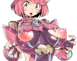 Rule 34 | 1girl, blush, breasts, breasts out, chris (mario), huge breasts, nintendo, nipples, open mouth, perky breasts, pink eyes, pink hair, puffy nipples, pyra (xenoblade), short hair, solo, tagme, torn clothes, upper body, xenoblade chronicles (series), xenoblade chronicles 2