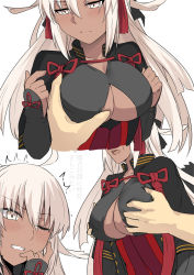 Rule 34 | 1girl, arm guards, black bow, blush, bow, grabbing another&#039;s breast, breasts, clenched teeth, closed mouth, dark skin, face, fate (series), grabbing, grabbing from behind, groping, hair between eyes, hair bow, hand on own cheek, hand on own face, high-waist skirt, koha-ace, large breasts, long hair, looking down, majin saber, multiple views, okita souji (fate), okita souji alter (fate), open mouth, out of frame, pleated skirt, red skirt, shiseki hirame, shrug (clothing), skirt, sweatdrop, teeth, trembling, underboob, very long hair, white eyes, white hair, wince
