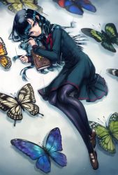 Rule 34 | 1girl, black dress, black hair, book, bug, butterfly, dearrose, dress, highres, bug, looking at viewer, lying, mito itsuki, necktie, needle, on side, original, pantyhose, shoes, solo