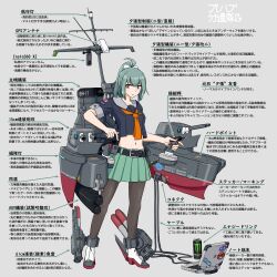 Rule 34 | 1girl, absurdres, belt, black belt, black pantyhose, bow, can, commentary request, controller, full body, game controller, green hair, green skirt, grey background, hair bow, hair ribbon, highres, holding, holding controller, holding game controller, joystick, kantai collection, kure (city), long hair, machinery, midriff, monster energy, navel, neckerchief, orange eyes, orange neckerchief, pantyhose, pleated skirt, ponytail, ribbon, rigging, sailor collar, samusara, sidelocks, skirt, solo, torpedo launcher, translation request, turret, yuubari (kancolle)