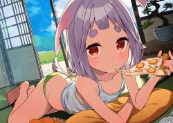 Rule 34 | 1girl, barefoot, blush, bonsai, carrot, cheese trail, cushion, day, eating, female focus, food, green panties, highres, holding, holding food, lens flare, looking at viewer, motto notto, notched ear, original, panties, pizza, purple hair, rabbit ears, rabbit girl, rabbit tail, red eyes, short eyebrows, sliding doors, solo, table, tatami, thick eyebrows, underwear