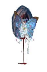 Rule 34 | 1girl, absurdres, blonde hair, blood, blue bow, blue eyes, blue footwear, blue hair, blue shirt, blue skirt, bow, butterfly wings, chouzetsusaikawa tenshi-chan, cocoon, full body, hair bow, highres, insect wings, jintiandebingyuyijiushizhihuazha, knee up, long hair, long sleeves, looking at viewer, multicolored hair, needy girl overdose, pink bow, pink hair, platform footwear, pleated skirt, purple bow, quad tails, sailor collar, school uniform, serafuku, shirt, simple background, sitting, skirt, smile, solo, twintails, very long hair, white background, wings, yellow bow
