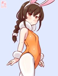 Rule 34 | 1girl, alternate costume, animal ears, braid, breasts, brown hair, covered navel, cowboy shot, grey background, kanon (kurogane knights), kantai collection, leotard, long hair, looking at viewer, one-hour drawing challenge, orange eyes, orange leotard, pantyhose, playboy bunny, rabbit ears, rabbit tail, simple background, single braid, small breasts, solo, souya (kancolle), standing, tail, white pantyhose, wrist cuffs
