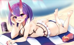Rule 34 | 1girl, :3, absurdres, akiba monaka, ass, bare arms, bare legs, bare shoulders, beach, beach towel, bikini, blush, bob cut, breasts, cleavage, commentary request, day, eyeshadow, fate/grand order, fate (series), feet, feet up, frilled bikini, frills, full body, gradient horns, hair between eyes, hand up, highres, horns, legs, light blush, looking at viewer, lying, makeup, multicolored horns, nail polish, on stomach, open mouth, outdoors, purple eyes, purple hair, red eyeshadow, red footwear, red horns, red nails, sandals, short hair, shuten douji (fate), skin-covered horns, soles, solo, swimsuit, towel, unworn sandals