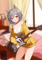 Rule 34 | 1girl, absurdres, animal ears, blurry, blurry background, blush, breasts, camisole, cat ears, cleavage, collar, contrapposto, dated, depth of field, dishui tangni, electric guitar, fang, grey hair, guitar, highres, indoors, instrument, large breasts, mr.quin, open mouth, original, red eyes, short hair, solo, standing, strap slip