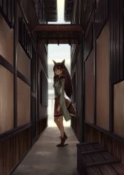 Rule 34 | 1girl, alley, animal ears, architecture, bad id, bad pixiv id, brown eyes, brown hair, domo1220, east asian architecture, fox ears, fox tail, hair tubes, long hair, looking at viewer, original, solo, standing, tail