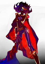 Rule 34 | 1boy, alternate costume, armor, belt, blue eyes, bodysuit, boots, cape, contrapposto, covering face, dark persona, fabulous, flipped hair, forehead protector, gloves, gradient background, hand on own face, kamishiro ryoga, kamishiro ryouga, knee boots, kushabiria, legs apart, looking at viewer, mask, navel, purple hair, short hair, simple background, skin tight, standing, tiara, white background, yu-gi-oh!, yu-gi-oh! zexal, yuu-gi-ou, yuu-gi-ou zexal