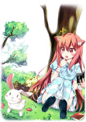 Rule 34 | 1girl, ^^^, against tree, alice in wonderland, animal ears, blue dress, book, cat ears, catstudioinc (punepuni), dress, egg vibrator, fang, long hair, open mouth, original, panties, pantyshot, puffy short sleeves, puffy sleeves, puni (miku plus), rabbit, red eyes, red hair, remote control vibrator, sex toy, short sleeves, sitting, solo, striped clothes, striped thighhighs, surprised, thighhighs, tree, underwear, very long hair, vibrator, white panties, wrist cuffs