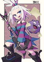 Rule 34 | 1girl, :d, bass guitar, black footwear, blue eyes, blush, boots, chichibu (watson), commentary request, creatures (company), dress, game freak, gen 1 pokemon, hair bobbles, hair ornament, highres, holding, holding instrument, instrument, koffing, lower teeth only, nintendo, open mouth, platform boots, platform footwear, pokemon, pokemon (creature), pokemon bw2, roxie (pokemon), smile, spiked hair, striped clothes, striped dress, teeth, tongue, topknot, two-tone dress, white hair