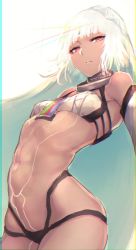 Rule 34 | 1girl, altera (fate), arched back, bad id, bad tumblr id, bare shoulders, belt bra, black panties, breasts, closed mouth, collar, cowboy shot, dark-skinned female, dark skin, detached sleeves, fate/grand order, fate (series), hometa, looking at viewer, navel, panties, red eyes, short hair, small breasts, solo, standing, tattoo, underwear, veil, white hair