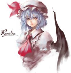 Rule 34 | 1girl, ascot, bat wings, character name, female focus, hat, jpeg artifacts, light purple hair, lowres, portrait, remilia scarlet, sachito, short hair, simple background, solo, touhou, upper body, wings