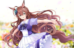 Rule 34 | abe kanari, ahoge, blurry, blurry background, braid, brown hair, commentary request, field, flower, flower field, hair ornament, hair over one eye, highres, horse girl, long hair, looking at viewer, mejiro bright (umamusume), open mouth, petals, school uniform, tracen school uniform, twin braids, umamusume