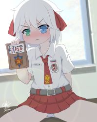 Rule 34 | 1girl, absurdres, blush, child, female focus, hammer and sickle, highres, id card, indonesia, looking at viewer, original, panties, russia, school uniform, shikiki, sitting, solo, soviet, thighhighs, underwear, uniform, white hair, white panties