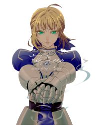 Rule 34 | 1girl, ahoge, armor, armored dress, artoria pendragon (fate), bad id, bad pixiv id, blonde hair, fate/zero, fate (series), gauntlets, green eyes, hair ribbon, hands on hilt, invisible air (fate), meroo (zest), ribbon, saber (fate), solo, sword, weapon