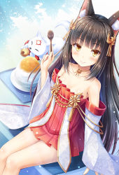Rule 34 | 1girl, akashio (loli ace), animal, animal ear fluff, animal ears, azur lane, bare shoulders, bell, black hair, blush, breasts, brown eyes, closed mouth, collarbone, commentary request, detached sleeves, dress, fingernails, food, fox, fox ears, hair ornament, hand up, highres, holding, holding spoon, jingle bell, long hair, long sleeves, looking at viewer, nagato (azur lane), pleated dress, red dress, shaved ice, sitting, sleeves past wrists, small breasts, smile, solo, spoon, strapless, strapless dress, very long hair, wide sleeves