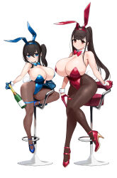 Rule 34 | 2girls, alcohol, animal ears, bar stool, bare shoulders, black hair, blue bow, blue bowtie, blue eyes, blue footwear, blue gloves, blue hairband, blue leotard, blunt bangs, bottle, bow, bowtie, breasts, brown hair, brown pantyhose, champagne, cleavage, detached collar, detached sleeves, fake animal ears, fake tail, frown, full body, gloves, hair between eyes, hairband, half gloves, high heels, highleg, highleg leotard, highres, holding, holding bottle, hug, huge breasts, leotard, light smile, long hair, looking at viewer, multiple girls, omizu (h2o), original, pantyhose, playboy bunny, rabbit ears, rabbit tail, red bow, red bowtie, red eyes, red footwear, red gloves, red leotard, shoes, side ponytail, simple background, sitting, stool, tail, thigh strap, twintails, white background, wide sleeves