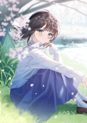 Rule 34 | 1girl, black hair, blue eyes, blue skirt, blue socks, blush, brown footwear, cherry blossoms, closed mouth, commentary request, day, feet out of frame, floating hair, from side, highres, knees up, long hair, long sleeves, looking at viewer, looking to the side, myusha, original, outdoors, puffy long sleeves, puffy sleeves, shirt, shoes, sitting, skirt, sleeves past wrists, smile, socks, solo, spring (season), tree, white shirt