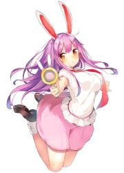 Rule 34 | 1girl, animal ears, blush, full body, gun, legacy of lunatic kingdom, long hair, looking at viewer, lunatic gun, necktie, outstretched arms, puffy sleeves, purple hair, rabbit ears, red eyes, red necktie, reisen udongein inaba, shirt, shoes, short sleeves, simple background, skirt, socks, solo, touhou, weapon, white background, white socks, yukizumi remon