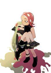 Rule 34 | 2girls, carrying, cloak, closed eyes, dyx (asdiandyx), green hair, ink, inkling, inkling girl, inkling player character, looking at another, multiple girls, nintendo, octoling, octoling girl, octoling player character, pink hair, pointy ears, princess carry, shoes, shorts, simple background, sleeveless, sneakers, splatoon (series), splatoon 2, splatoon 2: octo expansion, squidbeak splatoon, tentacle hair, unconscious, white background, yellow eyes