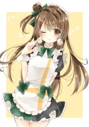 Rule 34 | 10s, 1girl, apron, arm behind back, bad id, bad twitter id, brown eyes, brown hair, highres, looking at viewer, love live!, love live! school idol project, maid apron, maid headdress, minami kotori, mogyutto &quot;love&quot; de sekkin chuu!, one eye closed, one side up, simple background, smile, solo, souhi