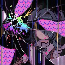 Rule 34 | 1girl, 4 74obake, ame-chan (needy girl overdose), black hair, broken glass, broken screen, closed mouth, collared shirt, commentary request, expressionless, glass, glitch, hair tie, highres, holding, holding knife, knife, long hair, needy girl overdose, pixel art, red shirt, shattered, shirt, solo, twintails, upper body