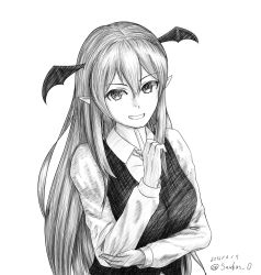 Rule 34 | 1girl, :d, bat wings, bright pupils, collared shirt, dated, dress shirt, finger to own chin, greyscale, grin, hair between eyes, head wings, highres, index finger raised, koakuma, long hair, long sleeves, looking at viewer, monochrome, necktie, open mouth, pointy ears, saukus o, shirt, sidelocks, simple background, slit pupils, smile, solo, touhou, traditional media, twitter username, vest, white background, white pupils, white shirt, wings