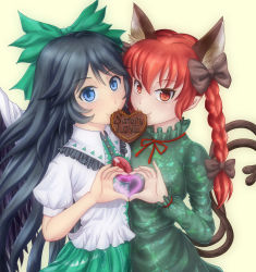 Rule 34 | 2girls, animal ears, black hair, black wings, blue eyes, bow, braid, candy, cape, cat ears, cat tail, chocolate, chocolate heart, dress, fangs, food, green dress, hair bow, hair ribbon, heart, heart hands, kaenbyou rin, kirasagi mikan, long hair, long sleeves, looking at viewer, mouth hold, multiple girls, multiple tails, puffy sleeves, red eyes, red hair, reiuji utsuho, ribbon, shirt, short sleeves, simple background, skirt, smile, tail, third eye, touhou, twin braids, upper body, wings, yellow background