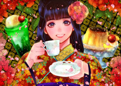 Rule 34 | 1girl, black hair, blunt bangs, cherry blossoms, cup, dessert, face, flower, food, grin, hair flower, hair ornament, holding, holding cup, japanese clothes, kimono, looking at viewer, nyamunekonabe, original, petals, plate, print kimono, pudding, saucer, seigaiha, smile, solo, teacup