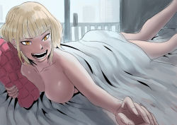 Rule 34 | 1girl, bed, bedroom, blonde hair, blunt bangs, blush, boku no hero academia, breast press, breasts, collarbone, fangs, legs, legs up, lemonbizate, lying, medium breasts, nude, on stomach, open mouth, outstretched arm, pillow, smile, solo, toga himiko, yellow eyes