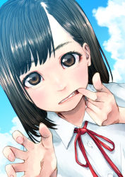 Rule 34 | 1girl, blue sky, bob cut, brown eyes, brown hair, buttons, close-up, cloud, cloudy sky, collared shirt, commentary request, day, dutch angle, finger in own mouth, fingernails, highres, looking at viewer, mouth pull, neck ribbon, original, ouhashi (yumenosukima), outdoors, red ribbon, ribbon, school uniform, shirt, short hair, short sleeves, sky, solo, teeth, white shirt