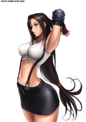 Rule 34 | 1990s (style), 1girl, ass, breasts, brown eyes, brown hair, cowboy shot, curvy, final fantasy, final fantasy vii, large breasts, long hair, low-tied long hair, midriff, miniskirt, pencil skirt, retro artstyle, ryu (ryu&#039;s form site), skirt, solo, stretching, suspender skirt, suspenders, tifa lockhart