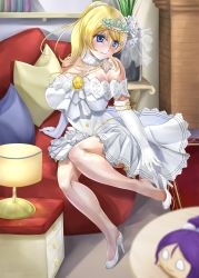Rule 34 | 1girl, absurdres, artist request, ayase eli, bare shoulders, blonde hair, blue eyes, blue flower, blue rose, blurry, blush, book, bouquet, breasts, bridal veil, bride, depth of field, dress, earrings, elbow gloves, female focus, flower, frills, full body, garter straps, gloves, hair flower, hair ornament, high heels, high ponytail, highres, holding, holding bouquet, indoors, jewelry, legs, long hair, looking at viewer, love live!, love live! school idol festival, love live! school idol project, ponytail, ribbon, rose, short hair, sitting, smile, solo, strapless, strapless dress, thighhighs, tiara, veil, wedding, wedding dress, white dress, white flower, white gloves, white high heels, yellow ribbon