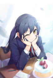 Rule 34 | 1girl, absurdres, azusaec, birthday cake, black hair, blazer, blue jacket, blush, book, cake, chair, closed mouth, commentary request, desk, food, hands on own cheeks, hands on own face, highres, jacket, k-on!, long hair, long sleeves, looking at viewer, nakano azusa, neck ribbon, one eye closed, open book, pencil, red ribbon, ribbon, sakuragaoka high school uniform, school chair, school desk, school uniform, shirt, sitting, smile, solo, twintails, upper body, white shirt, yellow eyes