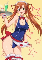 Rule 34 | 00s, 1girl, :d, bare shoulders, blush, breasts, carrying, cleavage, code geass, covered navel, cup, curvy, detached collar, drink, drinking straw, female focus, green eyes, groin, hair ribbon, headdress, hip focus, large breasts, long hair, looking at viewer, mug, one-piece swimsuit, open mouth, orange hair, ribbon, school swimsuit, shirley fenette, sideboob, skin tight, smile, solo, spandex, standing, star (symbol), steam, swimsuit, thighhighs, thighs, tray, twintails, waitress, wrist cuffs, yokaze japan